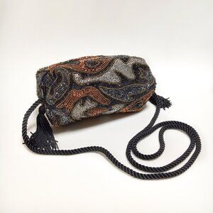 Multicolor small beaded clutch crossbody purse with rope handle. Evening bag